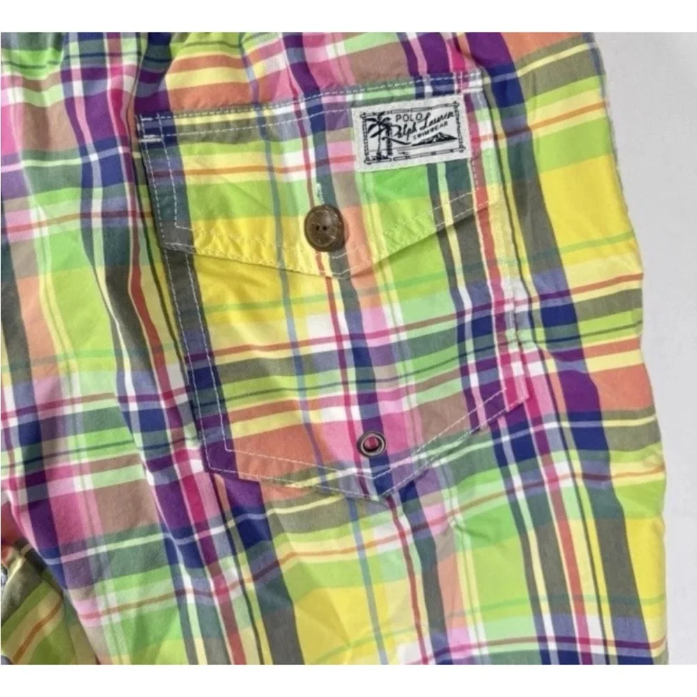 Vintage 90s Polo Ralph Lauren Madras Plaid Swim Trunks Men’s M Shorts 11”